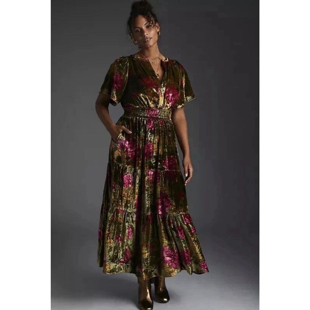 by Anthropologie The Somerset Maxi in Green Floral Velvet Edition Dress Sz XL - Picture 2 of 10